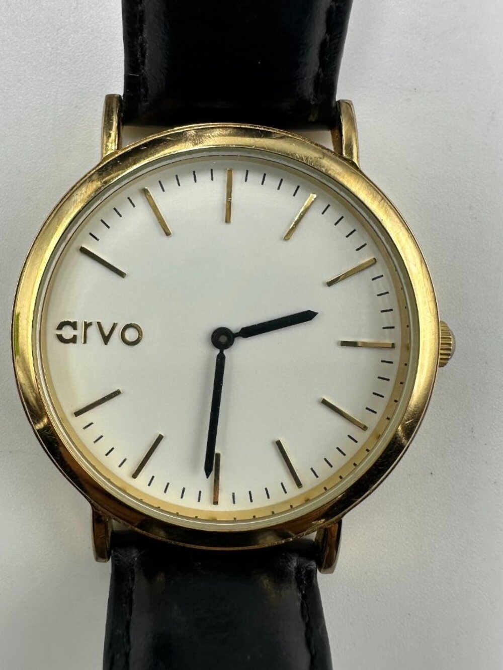 Arvo Time Sawyer Watch Men Gold Tone Black Leather Band New Battery 9 Inch